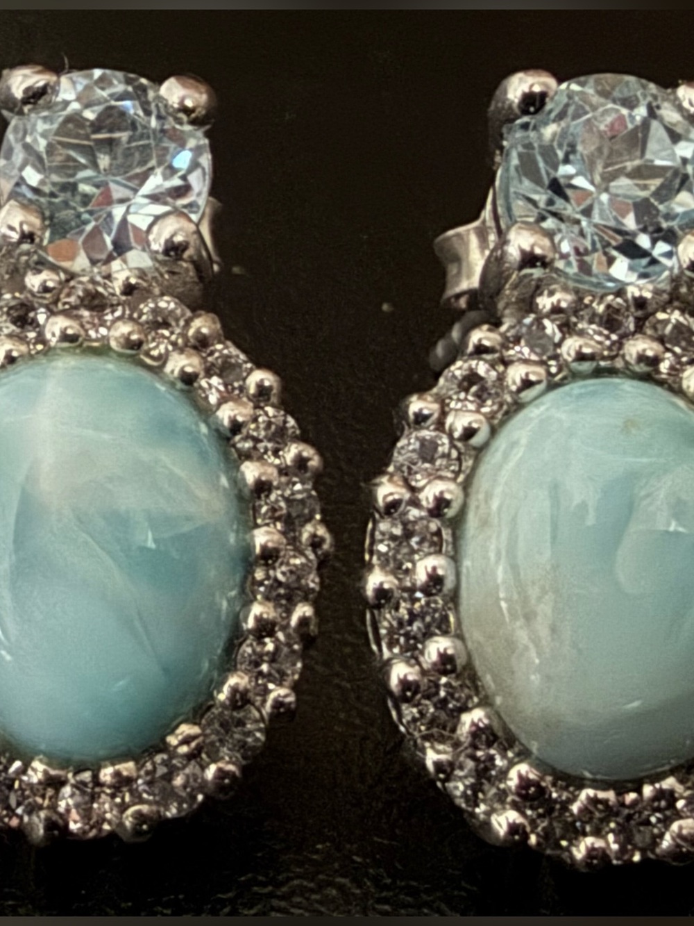 NK THAILAND 925 STERLING SILVER NATURAL BLUE LARIMAR & BLUE TOPAZ HALO EARRINGS